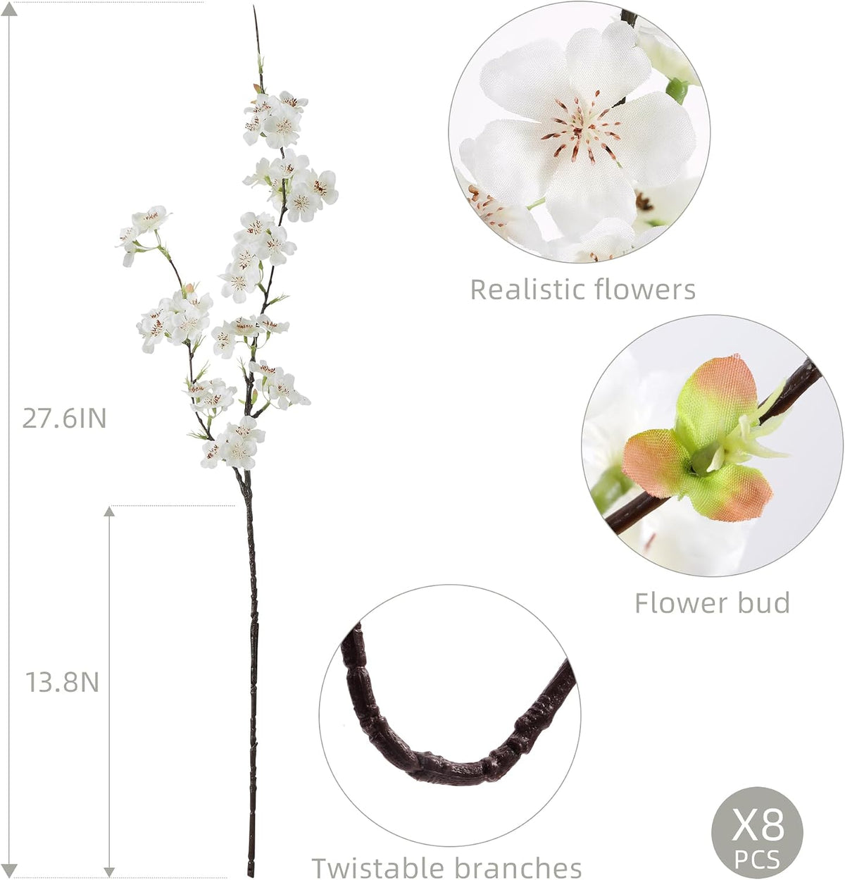 Artificial Cherry Blossom Branches 27.6In Silk Cherry Blossom Branches Long Stem Artificial Flowers for Tall Vase, for Home Decorate, Weddings Decorate, Parties & Festival Gifts (White)