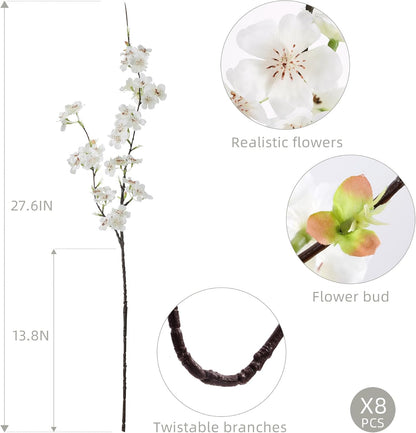 Artificial Cherry Blossom Branches 27.6In Silk Cherry Blossom Branches Long Stem Artificial Flowers for Tall Vase, for Home Decorate, Weddings Decorate, Parties & Festival Gifts (White)