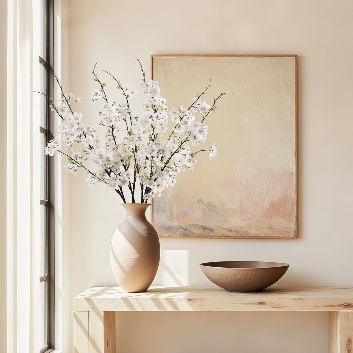 Artificial Cherry Blossom Branches 27.6In Silk Cherry Blossom Branches Long Stem Artificial Flowers for Tall Vase, for Home Decorate, Weddings Decorate, Parties & Festival Gifts (White)