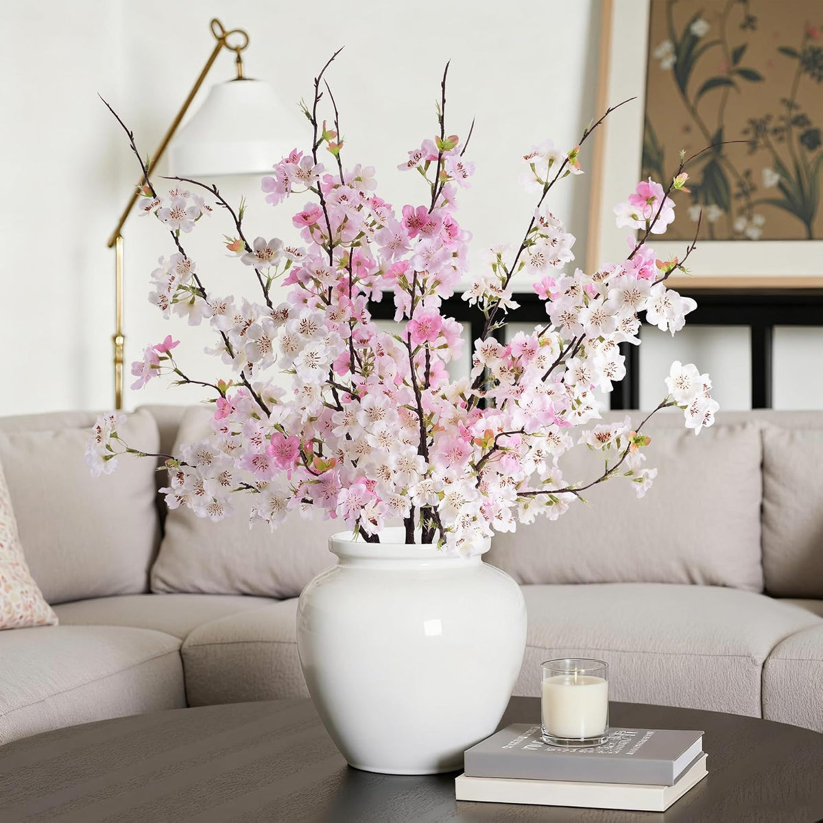 Artificial Cherry Blossom Branches 27.6In Silk Cherry Blossom Branches Long Stem Artificial Flowers for Tall Vase, for Home Decorate, Weddings Decorate, Parties & Festival Gifts (White)