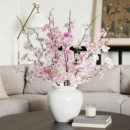 Artificial Cherry Blossom Branches 27.6In Silk Cherry Blossom Branches Long Stem Artificial Flowers for Tall Vase, for Home Decorate, Weddings Decorate, Parties & Festival Gifts (White)