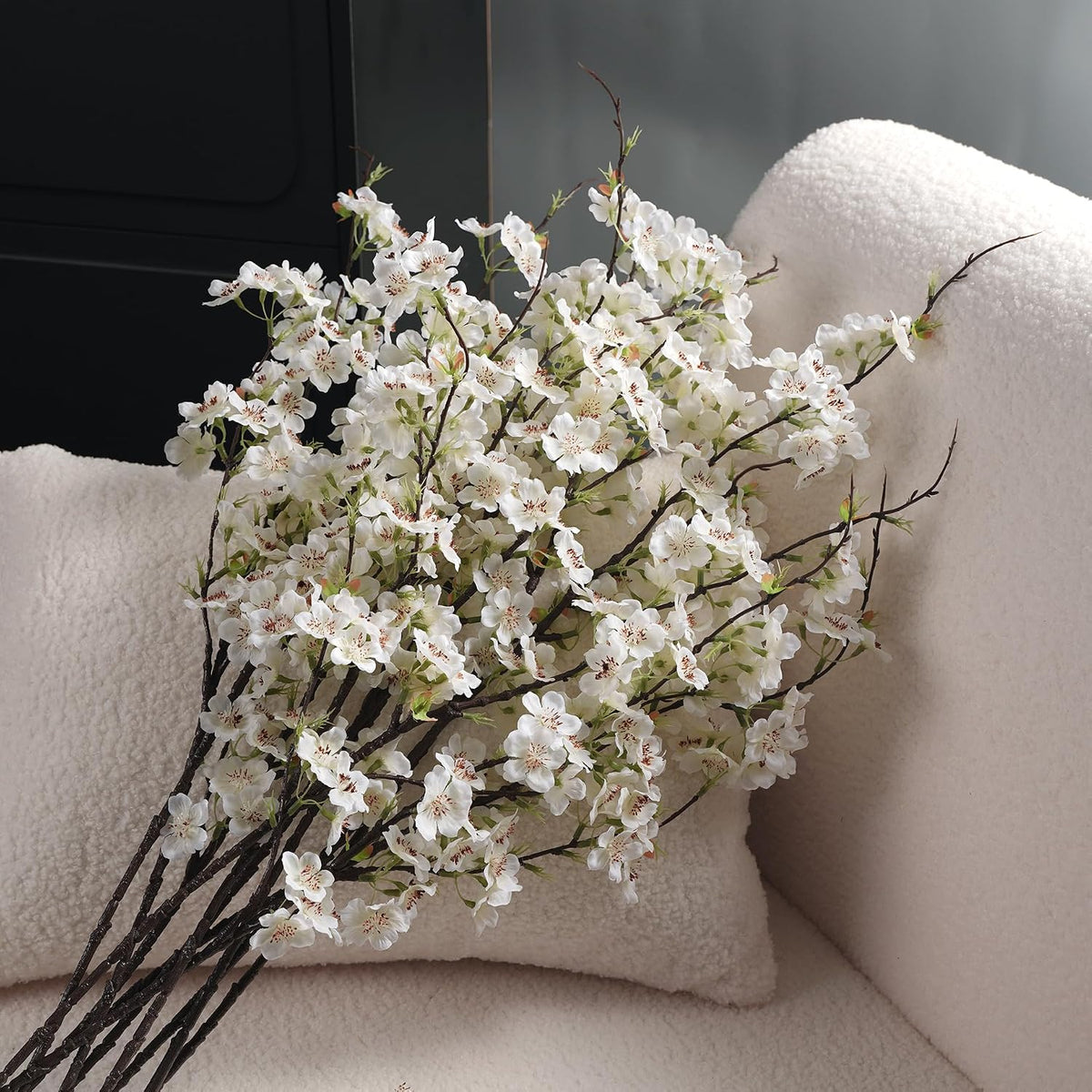Artificial Cherry Blossom Branches 27.6In Silk Cherry Blossom Branches Long Stem Artificial Flowers for Tall Vase, for Home Decorate, Weddings Decorate, Parties & Festival Gifts (White)