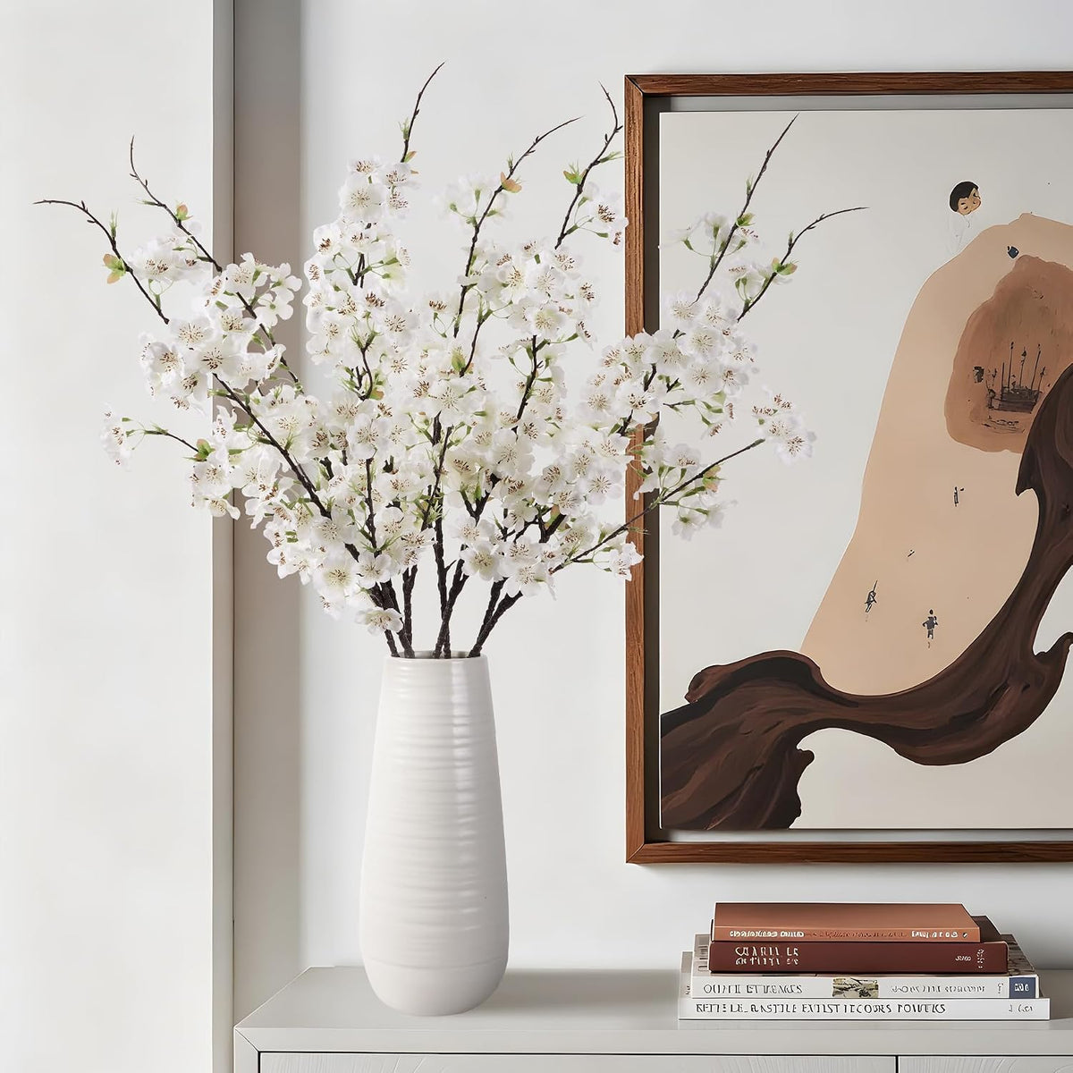 Artificial Cherry Blossom Branches 27.6In Silk Cherry Blossom Branches Long Stem Artificial Flowers for Tall Vase, for Home Decorate, Weddings Decorate, Parties & Festival Gifts (White)