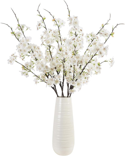 Artificial Cherry Blossom Branches 27.6In Silk Cherry Blossom Branches Long Stem Artificial Flowers for Tall Vase, for Home Decorate, Weddings Decorate, Parties & Festival Gifts (White)