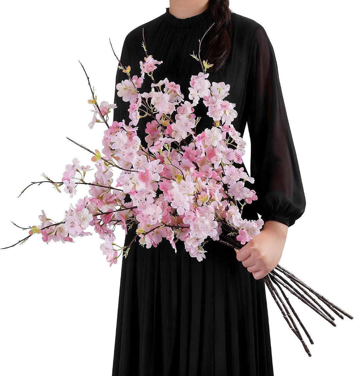 Artificial Cherry Blossom Branches 27.6In Silk Cherry Blossom Branches Long Stem Artificial Flowers for Tall Vase, for Home Decorate, Weddings Decorate, Parties & Festival Gifts (White)