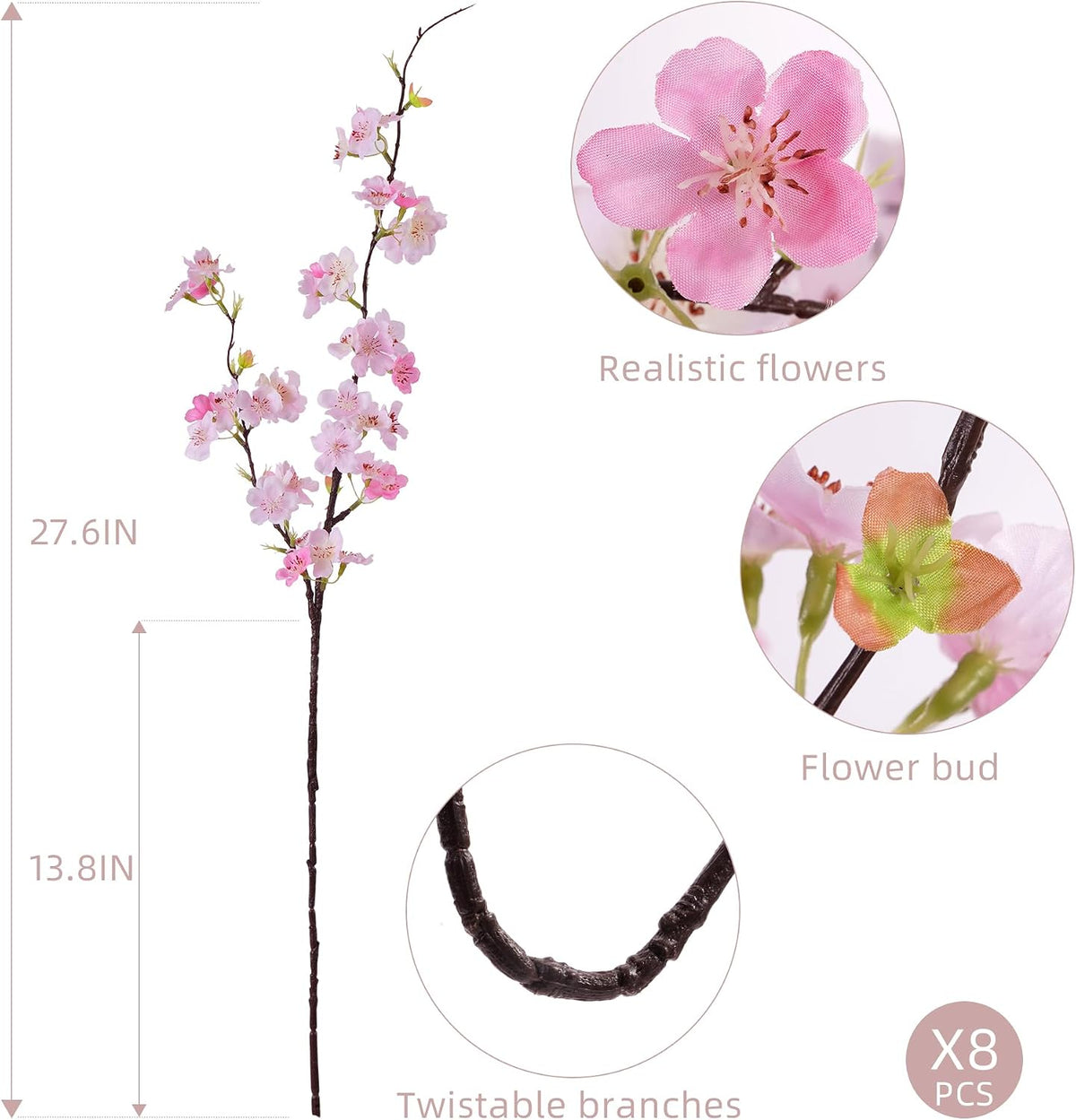 Artificial Cherry Blossom Branches 27.6In Silk Cherry Blossom Branches Long Stem Artificial Flowers for Tall Vase, for Home Decorate, Weddings Decorate, Parties & Festival Gifts (White)