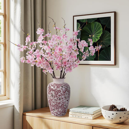 Artificial Cherry Blossom Branches 27.6In Silk Cherry Blossom Branches Long Stem Artificial Flowers for Tall Vase, for Home Decorate, Weddings Decorate, Parties & Festival Gifts (White)