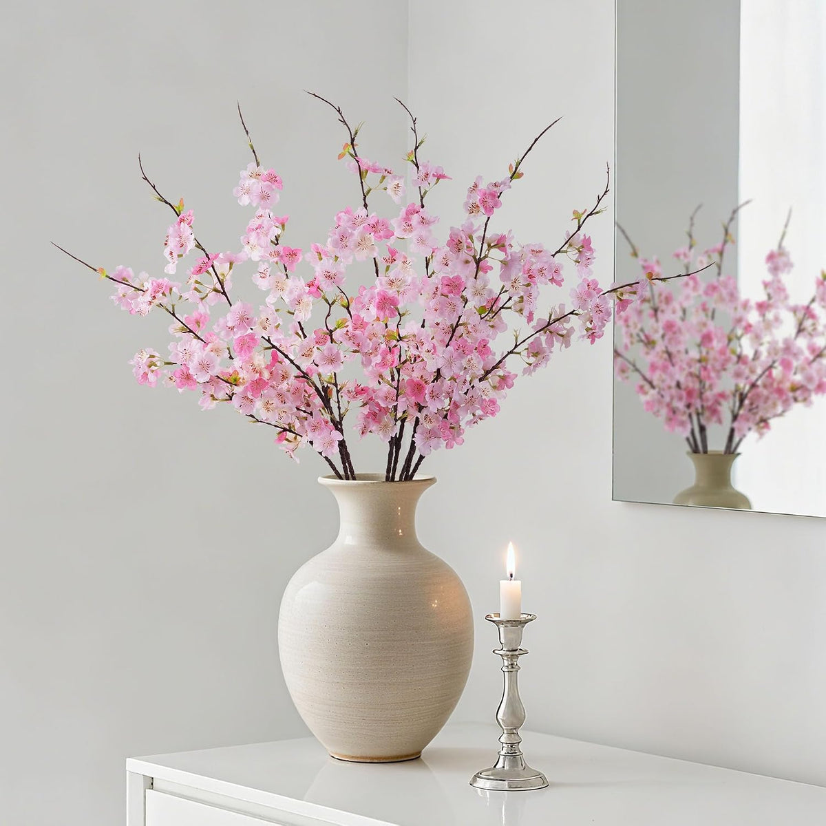 Artificial Cherry Blossom Branches 27.6In Silk Cherry Blossom Branches Long Stem Artificial Flowers for Tall Vase, for Home Decorate, Weddings Decorate, Parties & Festival Gifts (White)