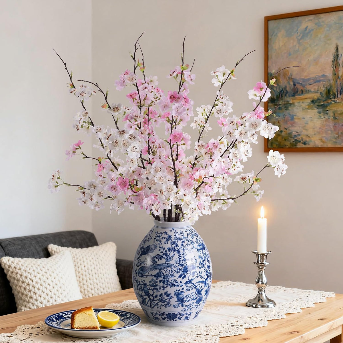 Artificial Cherry Blossom Branches 27.6In Silk Cherry Blossom Branches Long Stem Artificial Flowers for Tall Vase, for Home Decorate, Weddings Decorate, Parties & Festival Gifts (White)