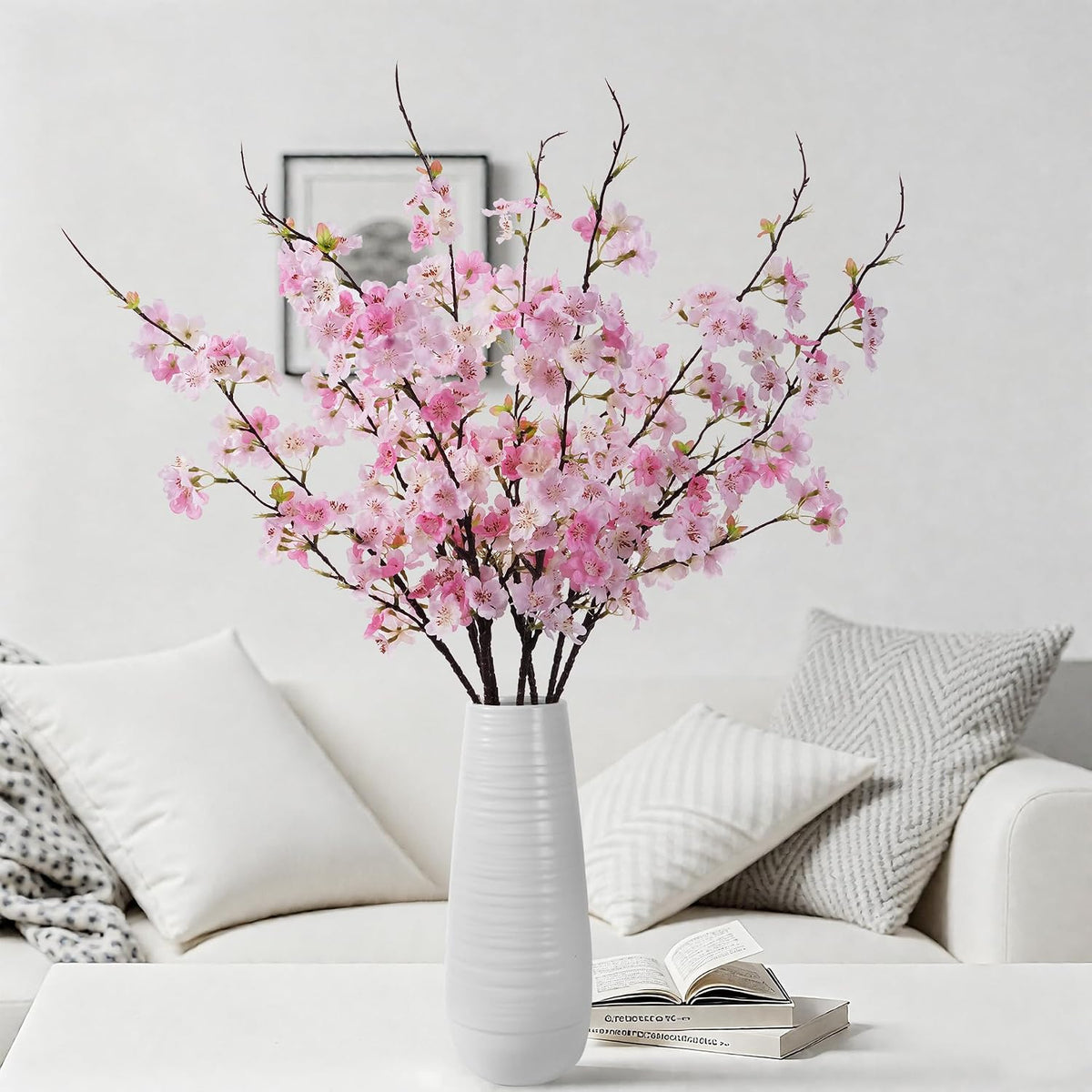 Artificial Cherry Blossom Branches 27.6In Silk Cherry Blossom Branches Long Stem Artificial Flowers for Tall Vase, for Home Decorate, Weddings Decorate, Parties & Festival Gifts (White)