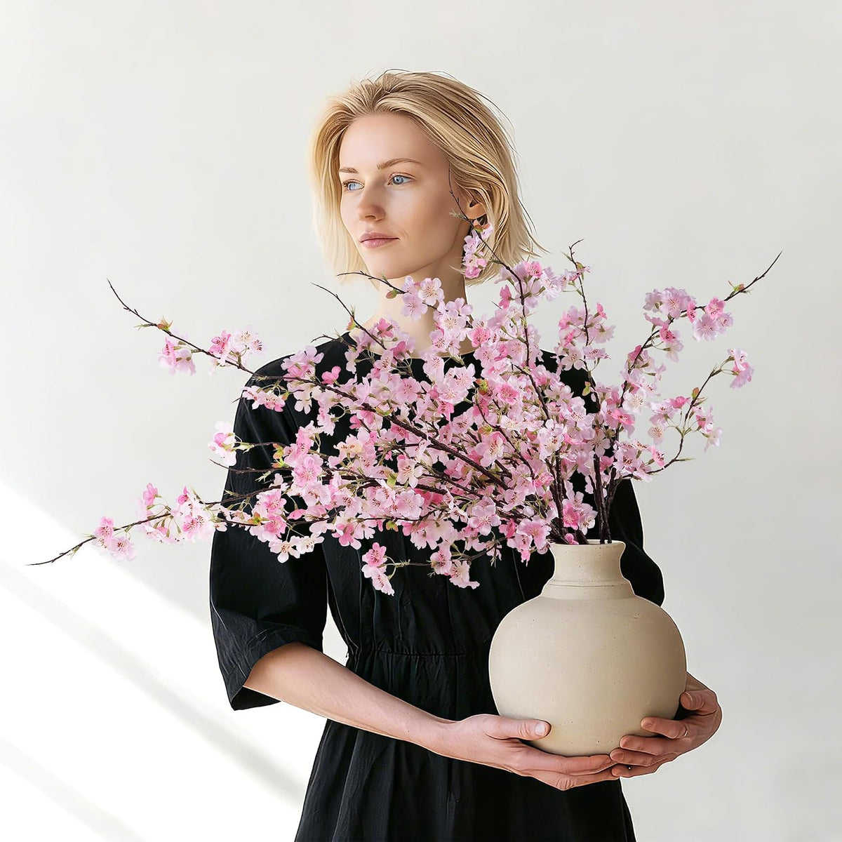 Artificial Cherry Blossom Branches 27.6In Silk Cherry Blossom Branches Long Stem Artificial Flowers for Tall Vase, for Home Decorate, Weddings Decorate, Parties & Festival Gifts (White)