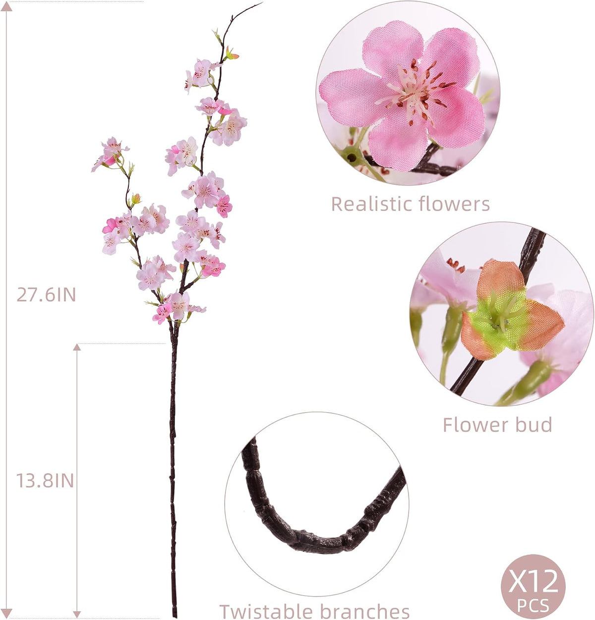 Artificial Cherry Blossom Branches 27.6In Silk Cherry Blossom Branches Long Stem Artificial Flowers for Tall Vase, for Home Decorate, Weddings Decorate, Parties & Festival Gifts (White)