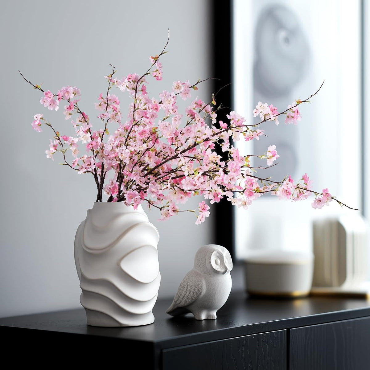 Artificial Cherry Blossom Branches 27.6In Silk Cherry Blossom Branches Long Stem Artificial Flowers for Tall Vase, for Home Decorate, Weddings Decorate, Parties & Festival Gifts (White)