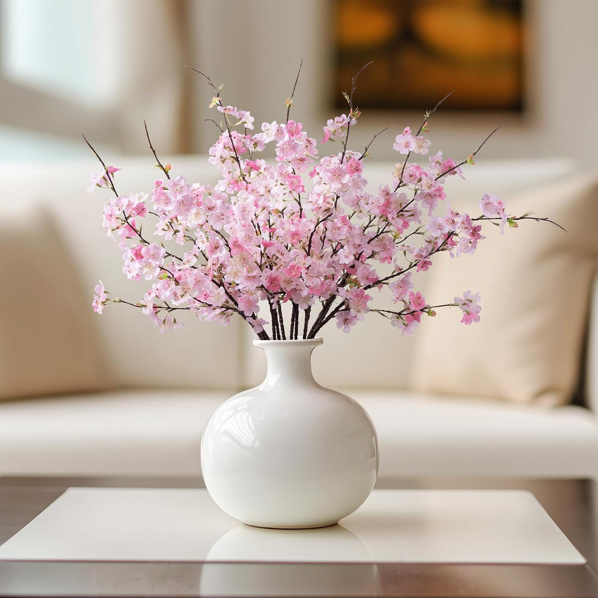 Artificial Cherry Blossom Branches 27.6In Silk Cherry Blossom Branches Long Stem Artificial Flowers for Tall Vase, for Home Decorate, Weddings Decorate, Parties & Festival Gifts (White)