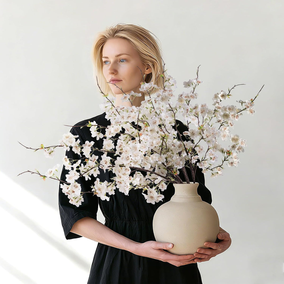 Artificial Cherry Blossom Branches 27.6In Silk Cherry Blossom Branches Long Stem Artificial Flowers for Tall Vase, for Home Decorate, Weddings Decorate, Parties & Festival Gifts (White)