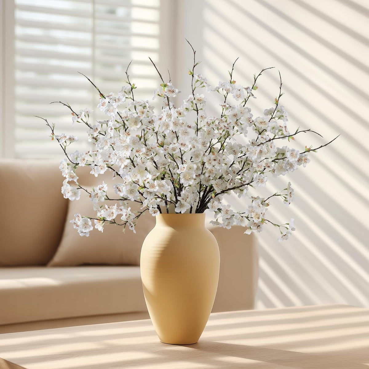 Artificial Cherry Blossom Branches 27.6In Silk Cherry Blossom Branches Long Stem Artificial Flowers for Tall Vase, for Home Decorate, Weddings Decorate, Parties & Festival Gifts (White)