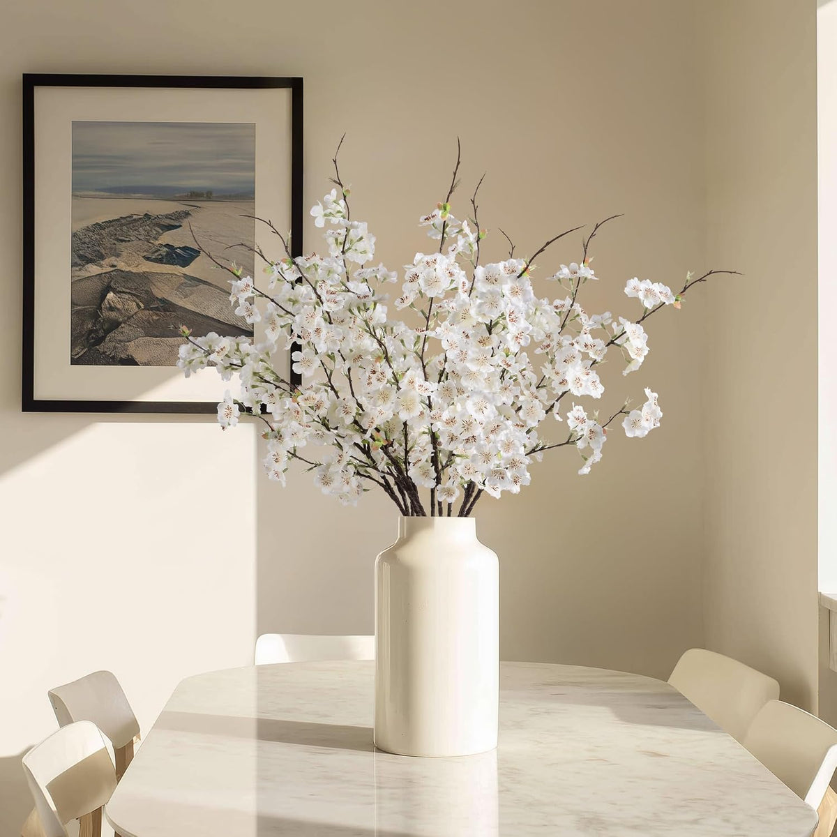 Artificial Cherry Blossom Branches 27.6In Silk Cherry Blossom Branches Long Stem Artificial Flowers for Tall Vase, for Home Decorate, Weddings Decorate, Parties & Festival Gifts (White)