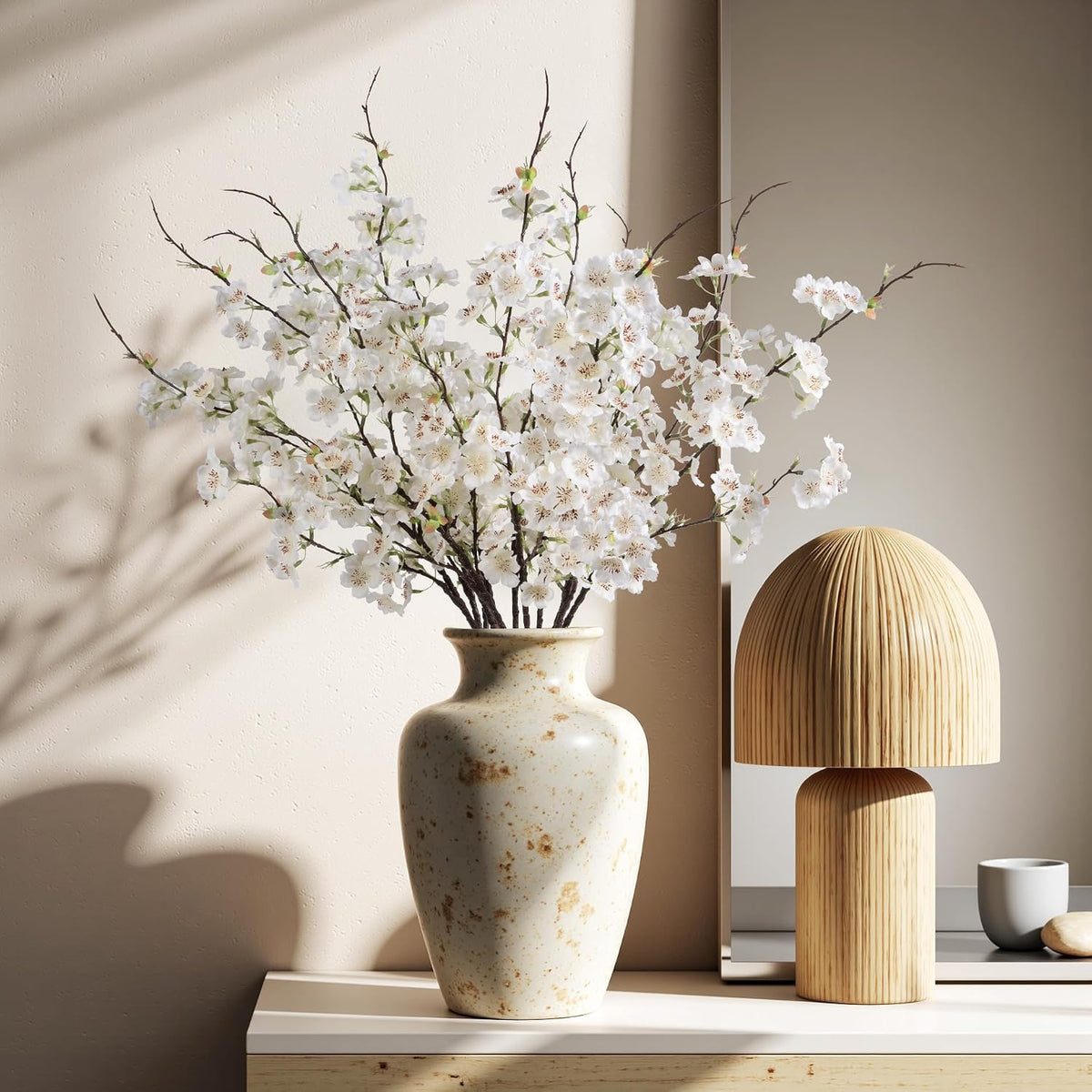 Artificial Cherry Blossom Branches 27.6In Silk Cherry Blossom Branches Long Stem Artificial Flowers for Tall Vase, for Home Decorate, Weddings Decorate, Parties & Festival Gifts (White)