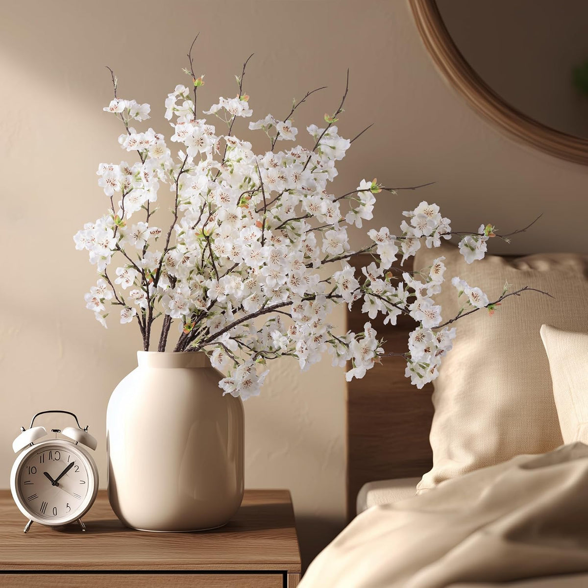 Artificial Cherry Blossom Branches 27.6In Silk Cherry Blossom Branches Long Stem Artificial Flowers for Tall Vase, for Home Decorate, Weddings Decorate, Parties & Festival Gifts (White)