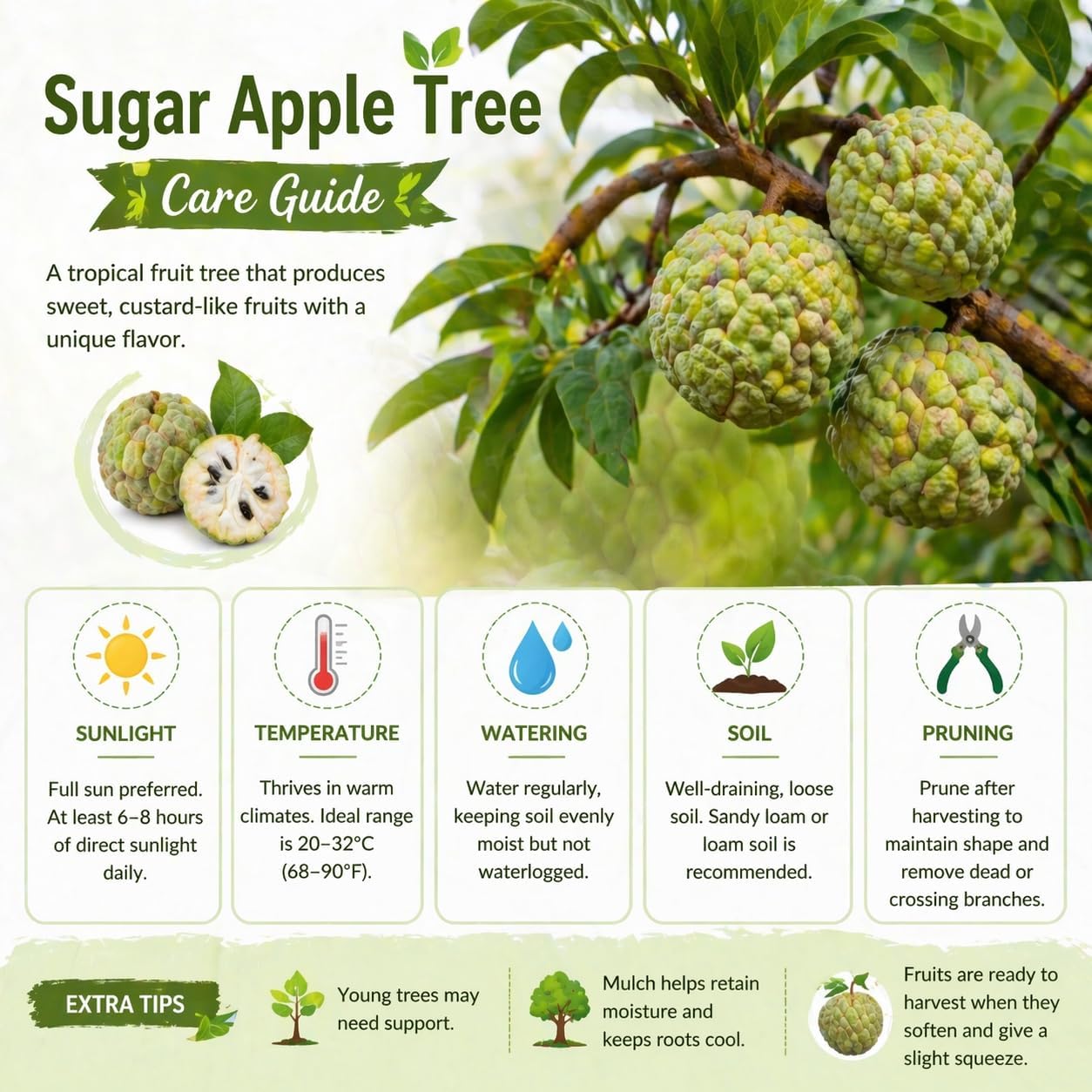 Sugar Apple Tree 2-3 Feet Tall in 3 Gallon Pot, Sweet Tropical Fruit Tree, Backyard and Container Planting, No CA (Yellow Sugar Apple)