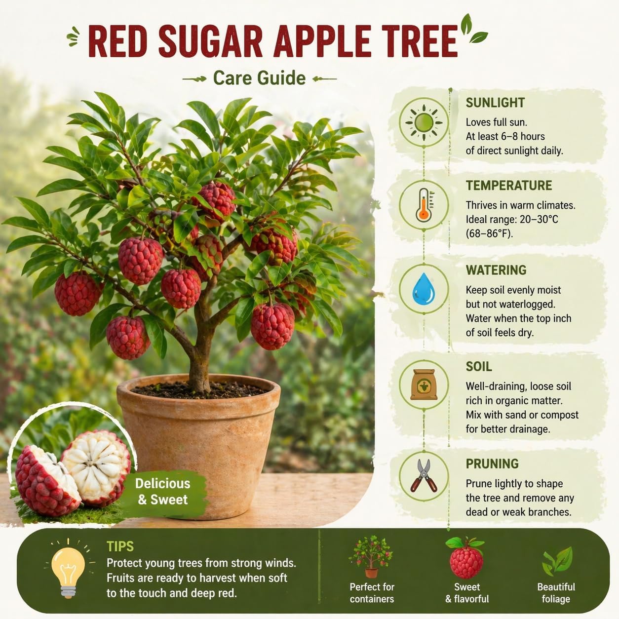 Sugar Apple Tree 2-3 Feet Tall in 3 Gallon Pot, Sweet Tropical Fruit Tree, Backyard and Container Planting, No CA (Yellow Sugar Apple)