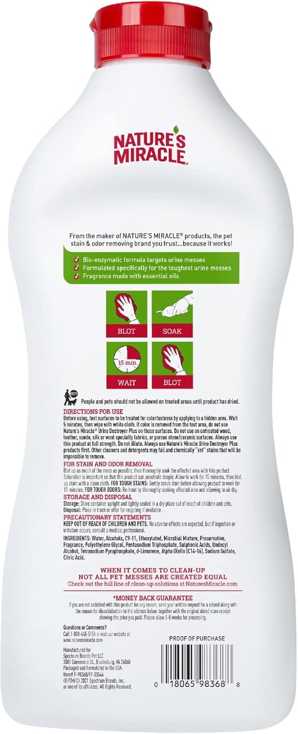 Urine Destroyer Plus for Dogs, Enzymatic Formula Tough on Strong Dog Urine And The Yellow Sticky Residue, 1 Gal