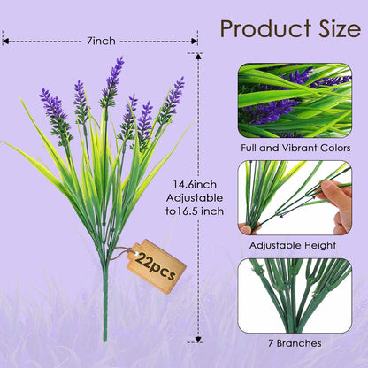 Rowfad 22 Pcs Artificial Outdoor Flowers UV Resistant Lavender Fake Greenery Plants Grass with Purple Flowers for Pot Decor for Window Garden Patio Hanging Planter Pathway Front Porch (22, Purple)