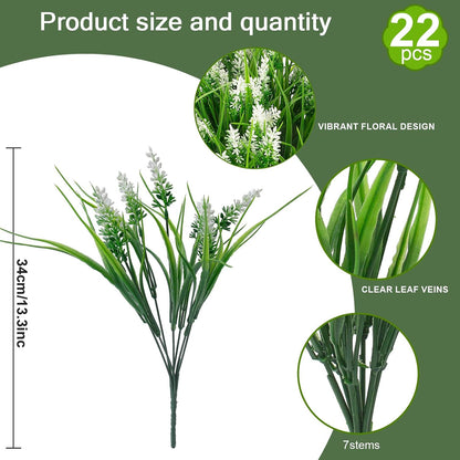 Rowfad 22 Pcs Artificial Outdoor Flowers UV Resistant Lavender Fake Greenery Plants Grass with Purple Flowers for Pot Decor for Window Garden Patio Hanging Planter Pathway Front Porch (22, Purple)