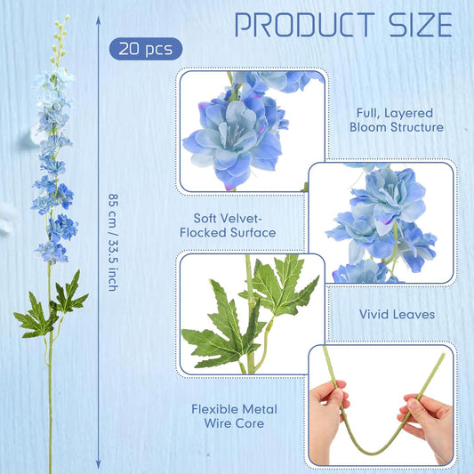 20 Pcs Delphinium Artificial Flowers - 33.5'' Long Stem Faux Flower Bulk - Fake Silk Delphinium Look Real Larkspur Flower for Wedding Home Tall Vase Table Decor(White)