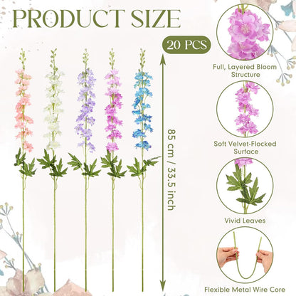20 Pcs Delphinium Artificial Flowers - 33.5'' Long Stem Faux Flower Bulk - Fake Silk Delphinium Look Real Larkspur Flower for Wedding Home Tall Vase Table Decor(White)