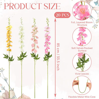 20 Pcs Delphinium Artificial Flowers - 33.5'' Long Stem Faux Flower Bulk - Fake Silk Delphinium Look Real Larkspur Flower for Wedding Home Tall Vase Table Decor(White)