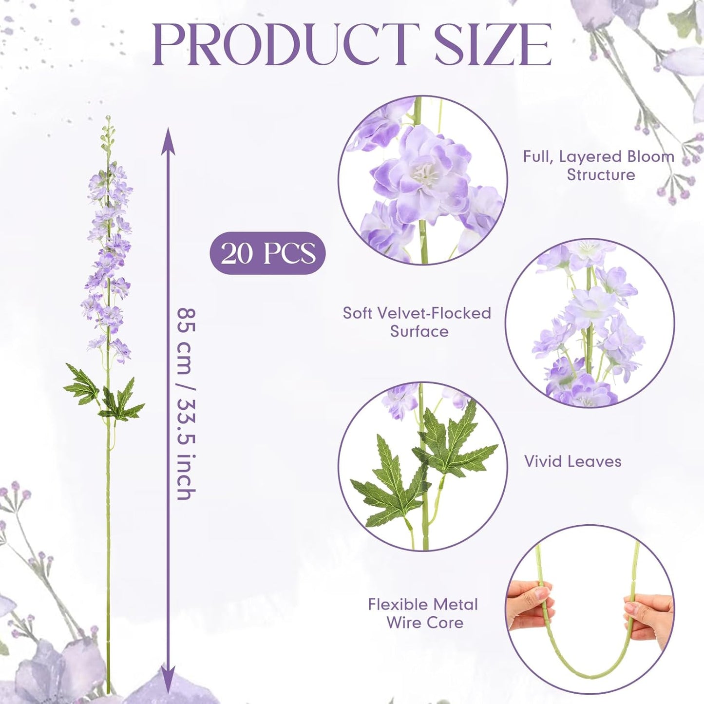 20 Pcs Delphinium Artificial Flowers - 33.5'' Long Stem Faux Flower Bulk - Fake Silk Delphinium Look Real Larkspur Flower for Wedding Home Tall Vase Table Decor(White)