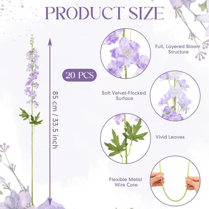 20 Pcs Delphinium Artificial Flowers - 33.5'' Long Stem Faux Flower Bulk - Fake Silk Delphinium Look Real Larkspur Flower for Wedding Home Tall Vase Table Decor(White)