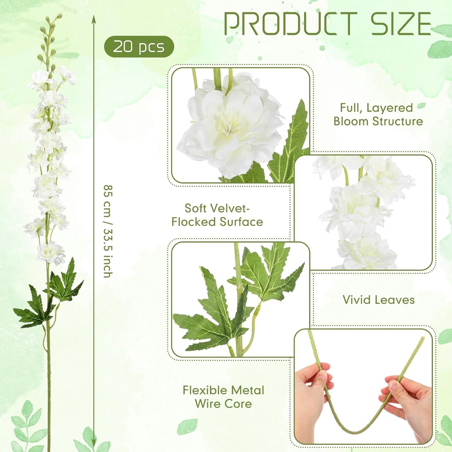 20 Pcs Delphinium Artificial Flowers - 33.5'' Long Stem Faux Flower Bulk - Fake Silk Delphinium Look Real Larkspur Flower for Wedding Home Tall Vase Table Decor(White)