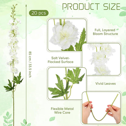 20 Pcs Delphinium Artificial Flowers - 33.5'' Long Stem Faux Flower Bulk - Fake Silk Delphinium Look Real Larkspur Flower for Wedding Home Tall Vase Table Decor(White)