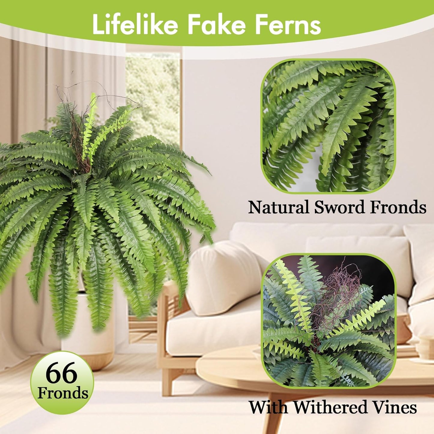 Artificial Ferns for Outdoors & Indoors, 51in Large Fake Ferns Plants, Artificial Boston Fern Faux Greenery for Porch Entrance Home Decor