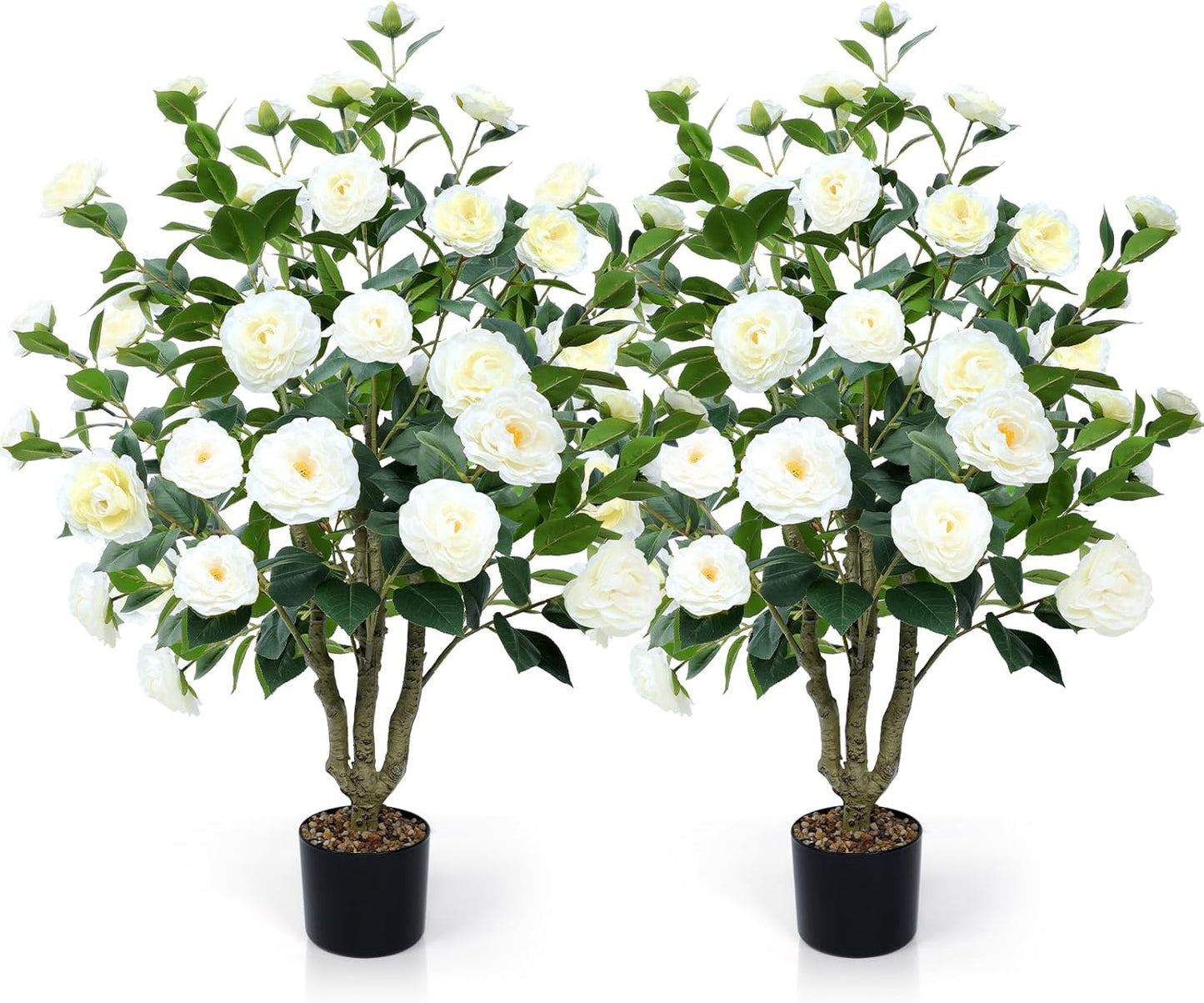 Artificial Camellia Tree 2 Pack 42" Faux Camellia Plant in Pot with 32 Blooming Flowers Fake Flower Tree Greenery Potted Plant for Indoor Outdoor Office Home Porch Decor White