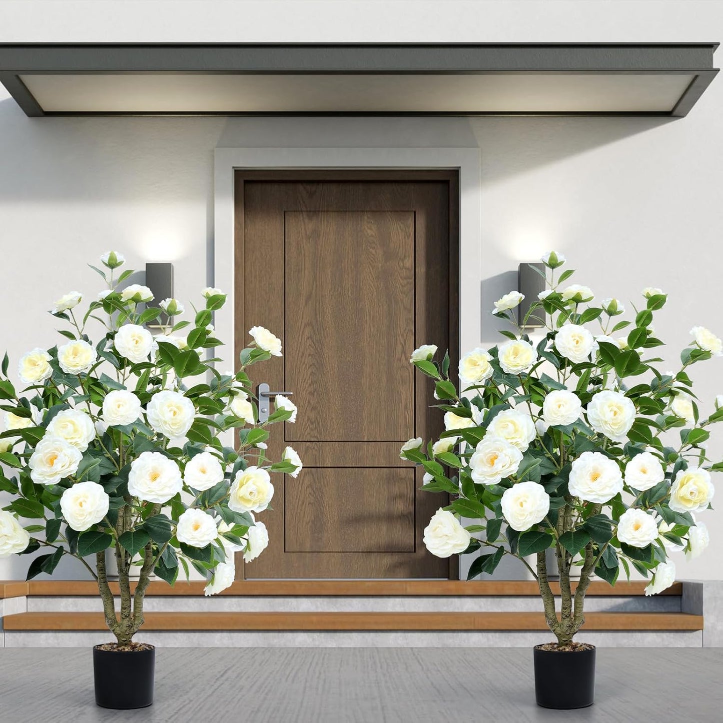 Artificial Camellia Tree 2 Pack 42" Faux Camellia Plant in Pot with 32 Blooming Flowers Fake Flower Tree Greenery Potted Plant for Indoor Outdoor Office Home Porch Decor White
