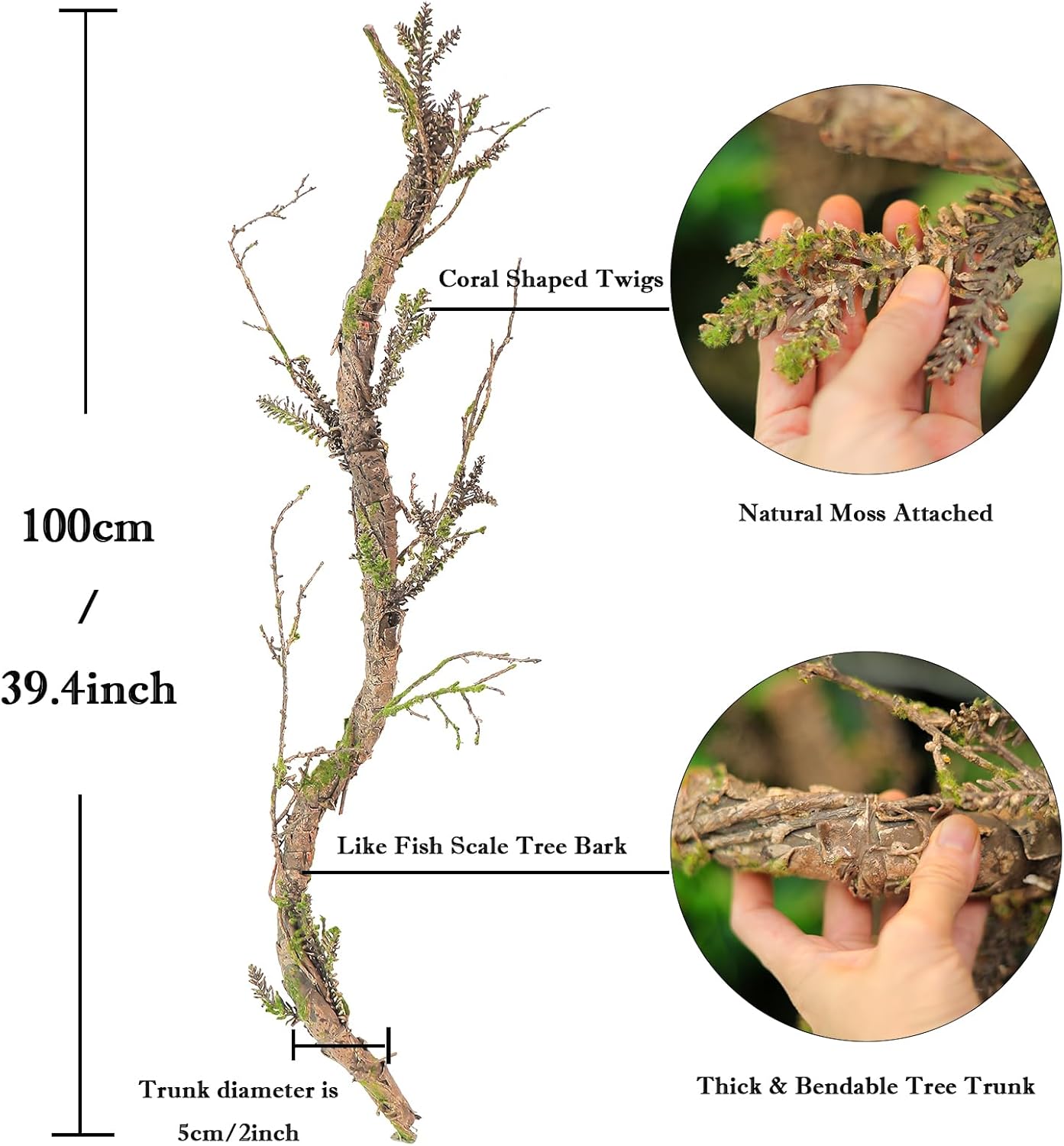 2Pcs 39.4inch Thick Bendable Artificial Tree Trunk Fake Large Wood Branches Twig Moss Grape Vine Garland Twisted Stick For Terrarium Outdoor Hanging Mantel Reptile Climbing Wall Yules Decorations