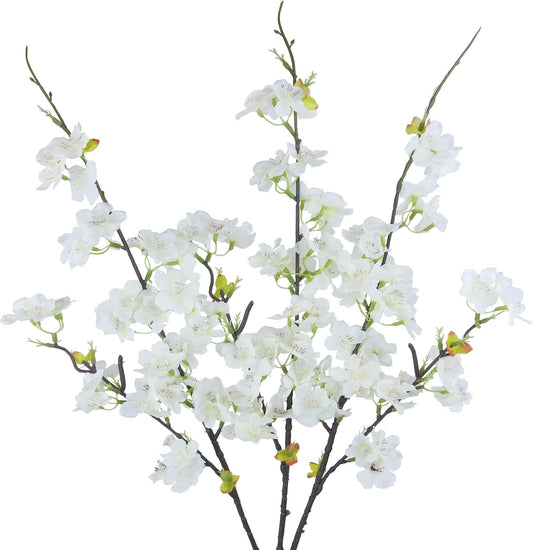 3 Pcs Artificial Cherry Blossom Branches Flowers White Silk Peach Flowers Bulk Faux Spring Branches Arrangement Fake Cherry Stems for Indoor Outdoor Party DIY Wedding Table Vase Decor