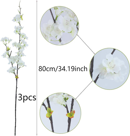 3 Pcs Artificial Cherry Blossom Branches Flowers White Silk Peach Flowers Bulk Faux Spring Branches Arrangement Fake Cherry Stems for Indoor Outdoor Party DIY Wedding Table Vase Decor