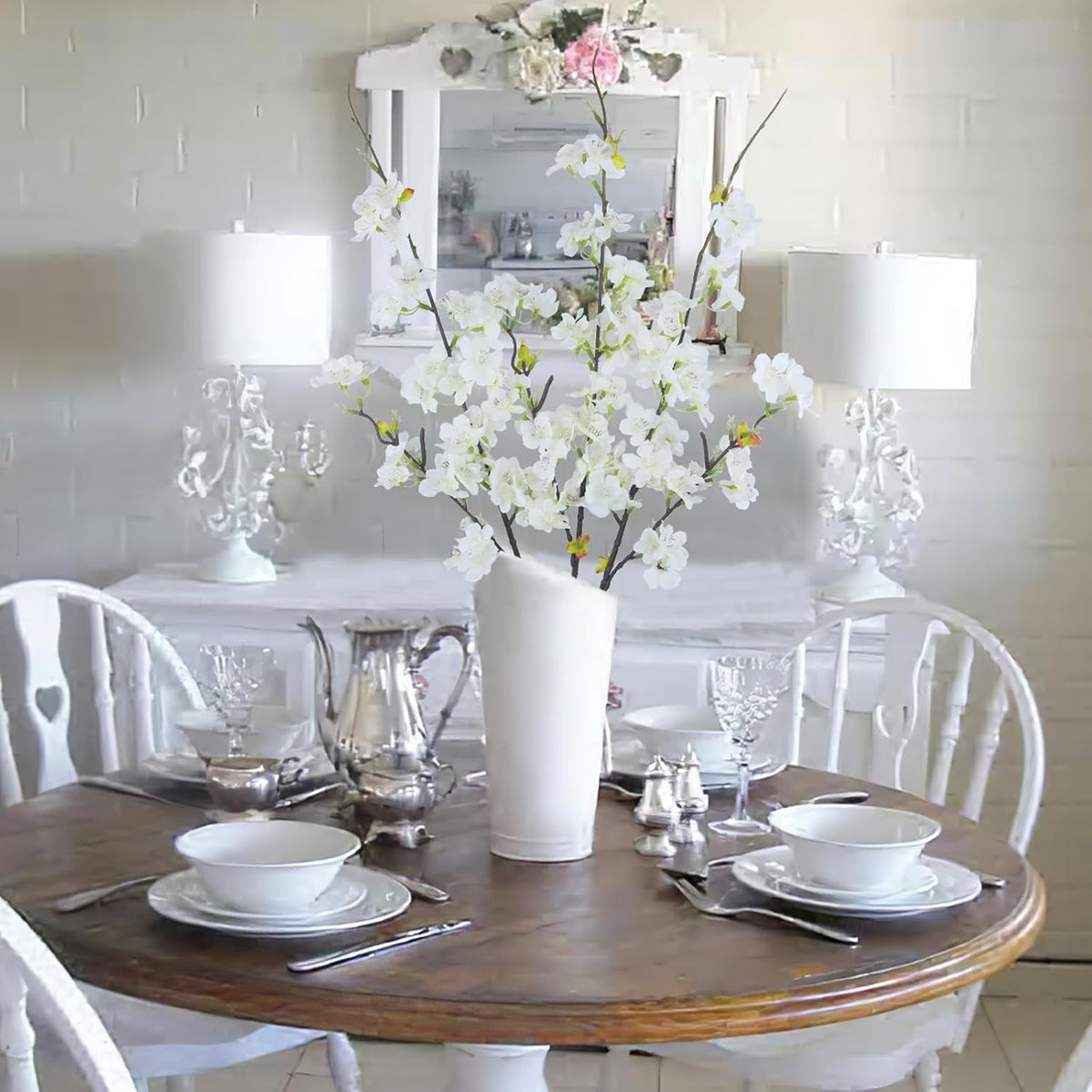 3 Pcs Artificial Cherry Blossom Branches Flowers White Silk Peach Flowers Bulk Faux Spring Branches Arrangement Fake Cherry Stems for Indoor Outdoor Party DIY Wedding Table Vase Decor