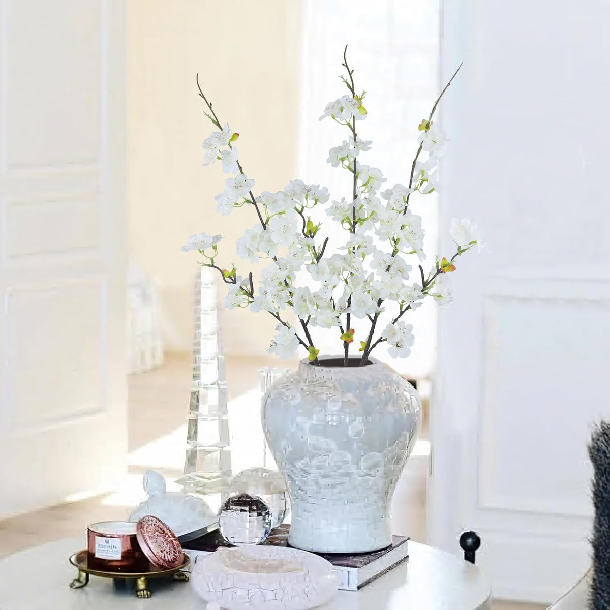 3 Pcs Artificial Cherry Blossom Branches Flowers White Silk Peach Flowers Bulk Faux Spring Branches Arrangement Fake Cherry Stems for Indoor Outdoor Party DIY Wedding Table Vase Decor