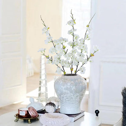 3 Pcs Artificial Cherry Blossom Branches Flowers White Silk Peach Flowers Bulk Faux Spring Branches Arrangement Fake Cherry Stems for Indoor Outdoor Party DIY Wedding Table Vase Decor