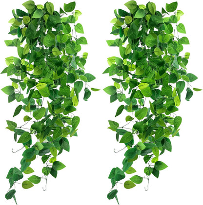 2 PCS Fake Vines, Fake Pothos Hanging Plants Ivy Vines, Artificial | Greenery for Home Kitchen Wall Decor, Aesthetic Home Decor (No Baskets)