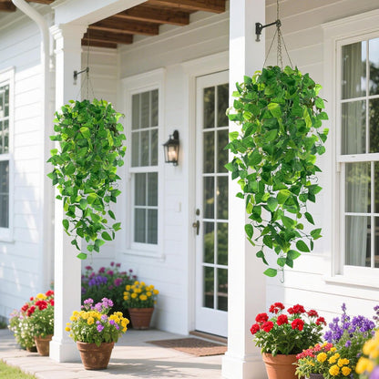 2 PCS Fake Vines, Fake Pothos Hanging Plants Ivy Vines, Artificial | Greenery for Home Kitchen Wall Decor, Aesthetic Home Decor (No Baskets)