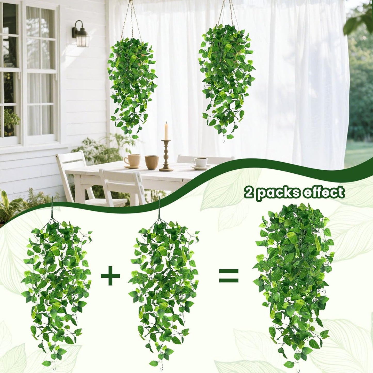 2 PCS Fake Vines, Fake Pothos Hanging Plants Ivy Vines, Artificial | Greenery for Home Kitchen Wall Decor, Aesthetic Home Decor (No Baskets)