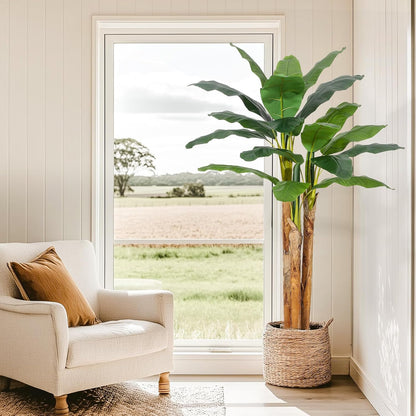 5 ft Artificial Banana Tree with Grey Planter | Faux Banana Tree , Artificial Plants With 11 Faux Banana Leaves Plant for Home Office Decor