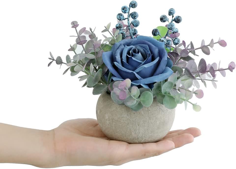 Rose in Pot Decor Potted Artificial Flowers Mini Plants Faux Flowers Indoor Small Decor Fake Roses for Home, Bathroom, Kitchen, Offices, Wedding Party Centerpieces (Yellow)