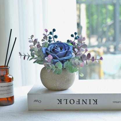 Rose in Pot Decor Potted Artificial Flowers Mini Plants Faux Flowers Indoor Small Decor Fake Roses for Home, Bathroom, Kitchen, Offices, Wedding Party Centerpieces (Yellow)